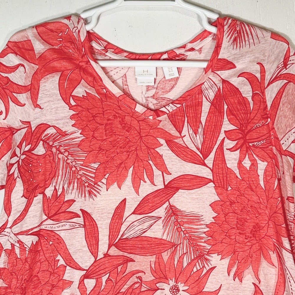 Halston 100% Linen Botanical Floral Top Womens 1X Short Sleeve Resortwear